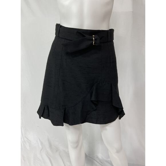 Sandro 'Amy' Black Belted Ruffled Slub Woven Mini Skirt Size 1 - Picture 2 of 5